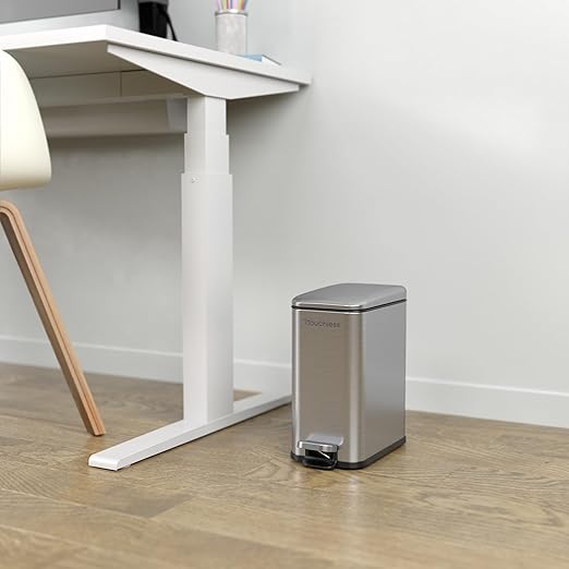 iTouchless SoftStep 1.3 Gallon Slim Bathroom Trash Can with Odor Filter and Removable Inner Bucket, Stainless Steel, 5 Liter Small Garbage Step Bin, Bathroom, Bedroom, Business, Home, Office Cubicle