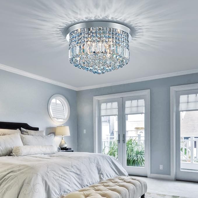 Saint Mossi 9 Light Modern K9 Crystal Chandelier Lighting, Flush Mount, Perfect for Dining Room, Bathroom, Bedroom, E12 Bulb Base; Height 11" x Diameter 20"; Lake Blue Crystal & Chrome Finish