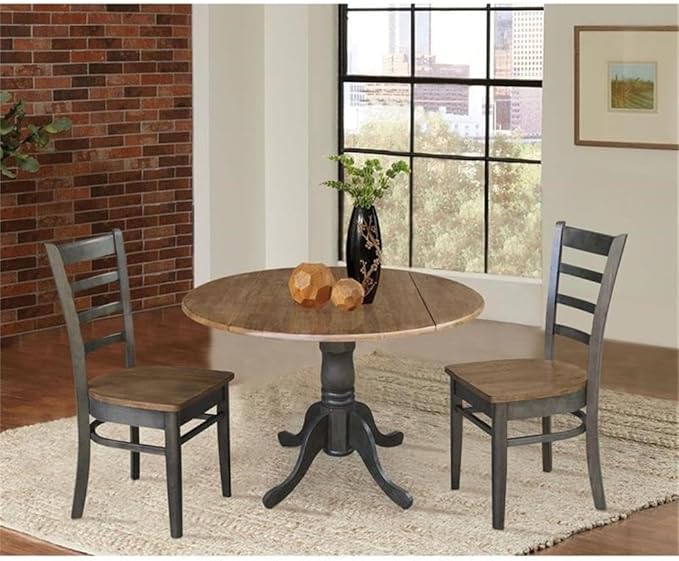 IC INTERNATIONAL CONCEPTS 42" Wood Drop Leaf Table with 2 Side Chairs in Hickory/Washed Coal - 3 Piece Set