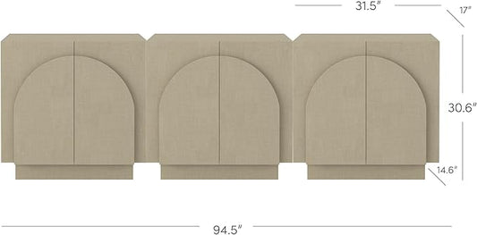 Nathan James Iris Mid Century Modern Arched Curio Cabinet with Beige Linen Finish, Wooden Storage Cabinet with Doors Set of 3