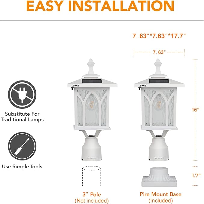Kemeco ST4328Q-W Solar Post Light Outdoor Cast Aluminum White Fixture with 3 Inch Pire Mount for Pole Pillar Yard Garden Landscape Entryways Décor
