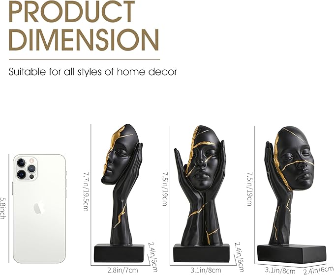 Black and Gold Decor Thinker Statues Set of 3, 7.5" H x 3.1" W Face Sculptures for Coffee Table Bookshelf Office Desk, Modern Abstract Art Sculptures Home Decor Living Room Decorations