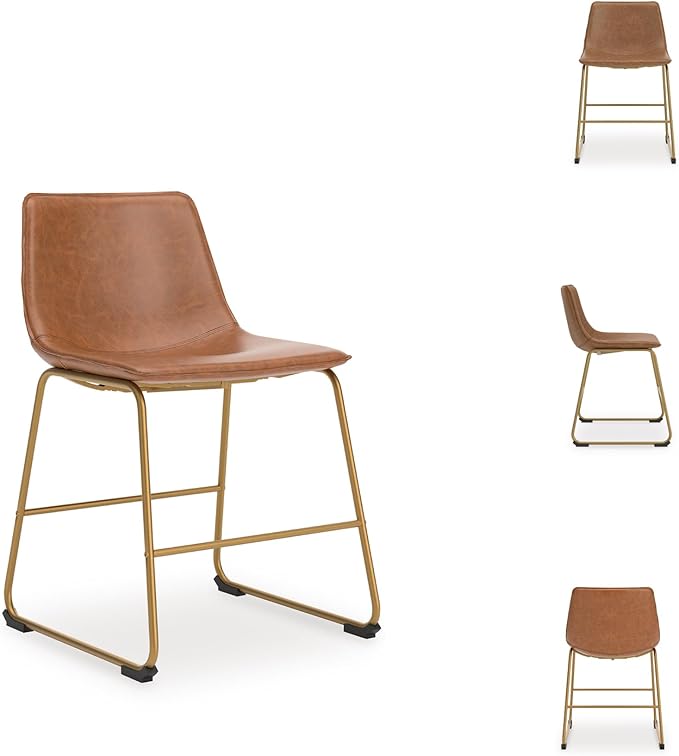 Signature Design by Ashley Lexadine Industrial Faux Leather Upholstered 30" Bar Height Dining Chair, Set of 2, Light Brown & Gold