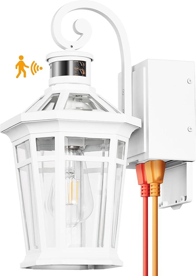Motion Sensor Porch Light with Outlet, White Exterior Lighting Fixtures with GFCI Outlet, Outdoor Wall Lantern with Beveled Glass, Adjust Sensitivity Exterior Wall Light, Outside House Lights
