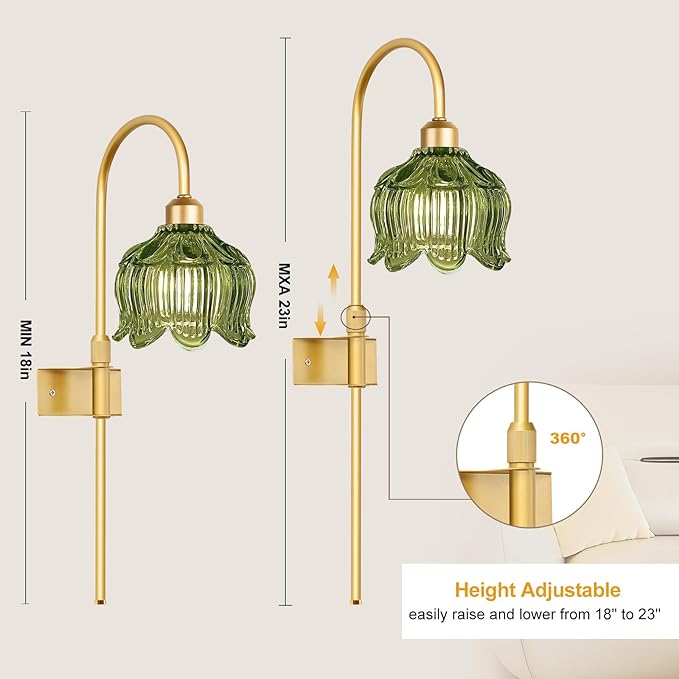 Glass Battery Operated Wall Sconces Set of Two,Wireless Flower Battery Wall Light with 5000mAh RGB Dimmable Bulb and Remote, Rechargeable Wall Lamp Sconce for Bedroom Living Room Hallway