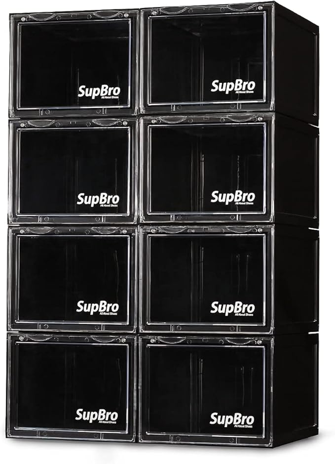 SupBro Collection Crate - Easy Access Storage Shoes Box -Plastic Foldable Stackable Sneaker Display Storage with Clear Front Door Organizer-8 Pack (Black)