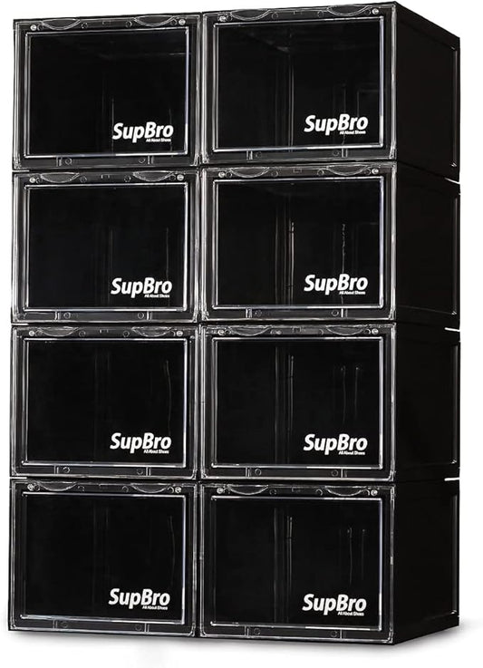 SupBro Collection Crate - Easy Access Storage Shoes Box -Plastic Foldable Stackable Sneaker Display Storage with Clear Front Door Organizer-8 Pack (Black)