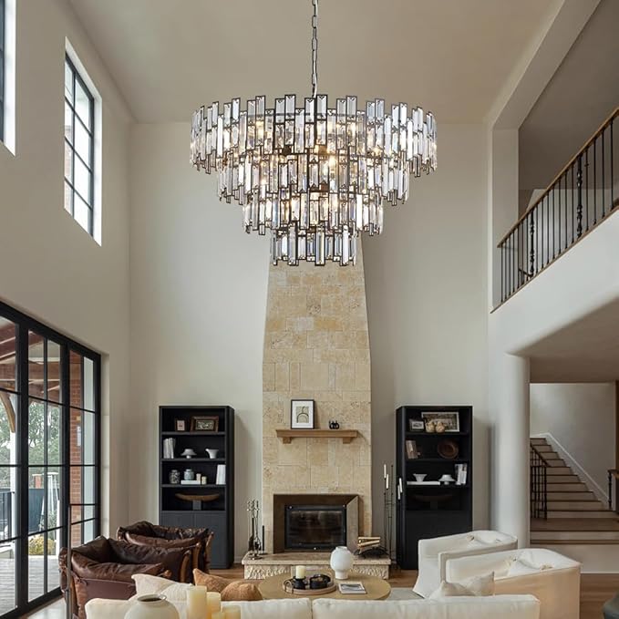 Crystal Contemporary Chandelier Foyer Entryway Lighting, 4-Tier Large Foyer Entrance Chandeliers for High Ceiling Big Crystal Chandelier (Dia 30 inch 15 Lights) Black