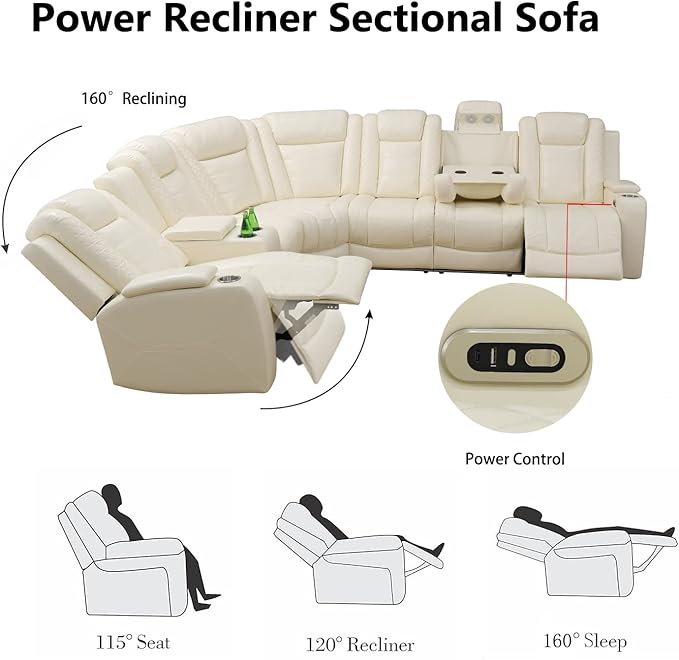 Power Recliner Sectional Sofa with LED Light, Breathing Leather Recliner Sofa Couch with USB Port/Cup Holder/Storage for Living Room (6 Seat Reclining Sectional Couch, Cream White)