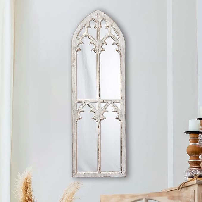 Farmhouse Wood Frame Arched Window Mirror 12 x 38 inches, Hanging Distressed White Rustic Cathedral Hallway Mirrors for Wall, Decorative Long Mirrors for Wall Decor Living Room Entryway