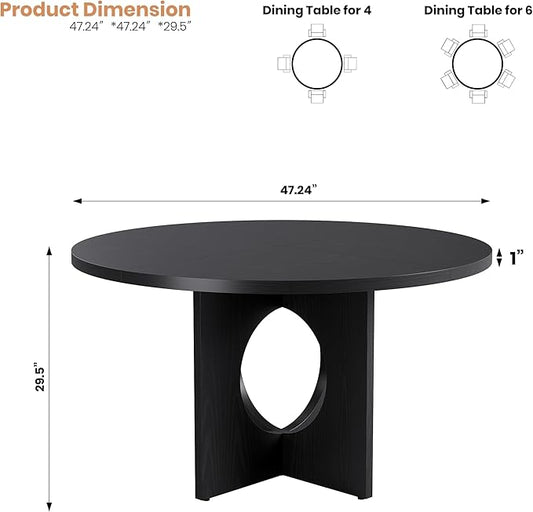 IDEALHOUSE 47" Round Dining Table, Kitchen Table for 4-6 People, Circle Tables with Sturdy Pedestal Base, Space Saving Dinning Room Furniture for Living Room, Kitchen, Apartment, Black
