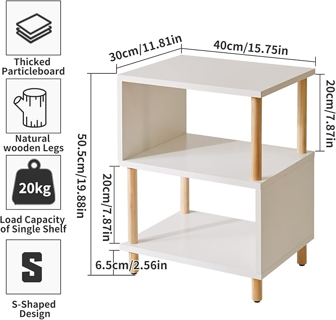 White Night Stand with Open Storage Shelf, Wood Nightstand S Shape, Bed Side Table 3 Tier 20 inch high, End Table White/Natural Wood YD-TM152W