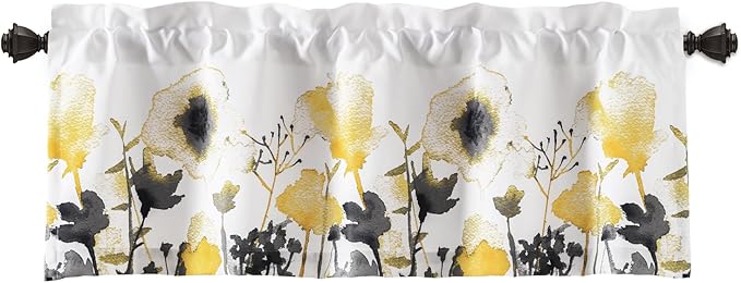 Lush Decor Zuri Flora Room Darkening Valance Curtain Single 52" W x 18" L + 2" Header Yellow & Gray - Valances for Windows - Floral Kitchen Curtains