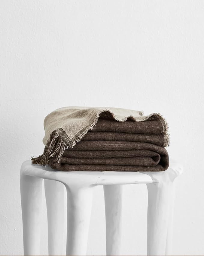 Bed Threads - Linen Muslin Throw - 100% French Flax Linen - Double-Layered & Frayed Edge - Eco-Friendly - Soft & Delicate Blanket - Two-Tone Design - Machine Washable - 87” x 59” - Oatmeal/Mocha