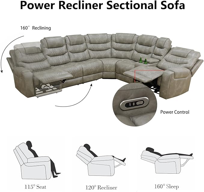 Power Recliner Sectional Sofa with LED Light, Breathing Leather Recliner Sofa Couch with USB Port/Cup Holder/Storage for Living Room (6 Seat Reclining Sectional Couch (Grey)
