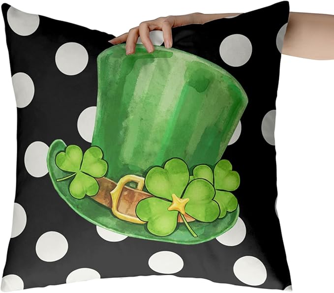 St Patricks Day Shamrock Pillow Covers 22 x 22 Set of 2 Lucky Clover Hat Throw Pillow Cases Black White Polka Dots Cushion Cover Holiday Decor for Sofa Couch