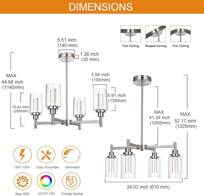 VINLUZ LED 4-Light Brushed Nickel Chandelier for Dining Room, Modern Farmhouse Chandelier with Clear Bubble Crystal Glass Shades, Ceiling Pendant Light with Adjustable Swivel Heads for Kitchen Hallway