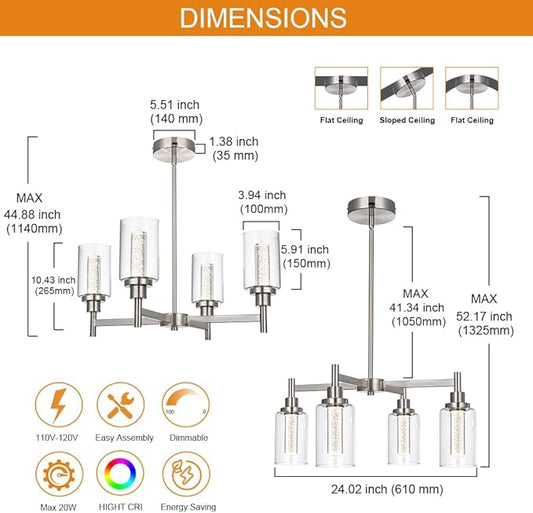 VINLUZ LED 4-Light Brushed Nickel Chandelier for Dining Room, Modern Farmhouse Chandelier with Clear Bubble Crystal Glass Shades, Ceiling Pendant Light with Adjustable Swivel Heads for Kitchen Hallway