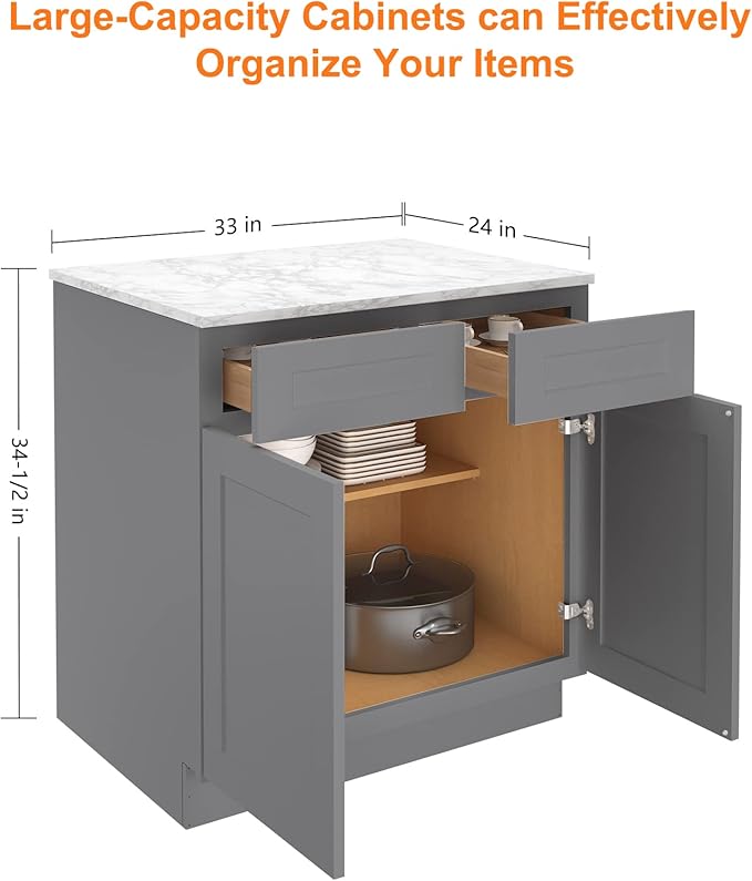 LOVMOR Kitchen Base Cabinets, Sideboard Storage Cabinet, Entryway Cabinet with 2-Drawers & Adjustable Shelf, 33" W X 24" D X 34-1/2"H