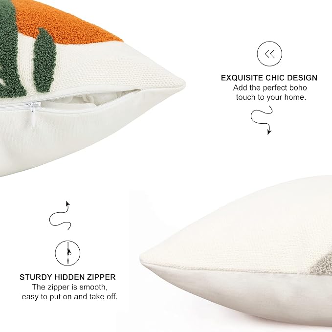 Merrycolor Boho Decorative Throw Pillow Covers 16x16 Boho Pillow Covers Tufted Mid Century Modern Throw Pillows Abstract Leaf Pillow Cover Aesthetic Boho Pillows for Couch Bed Sofa Living Room 1PC