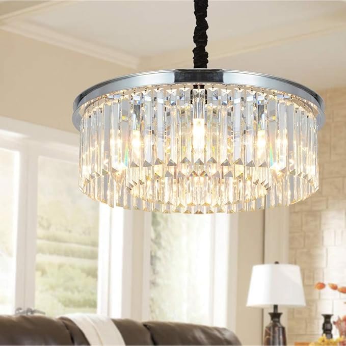 Crystal Chrome Chandelier Modern Chandeliers Lighting Pendant Ceiling Light Fixture 2-Tier for Dining Room Living Room Kitchen Island W21.6