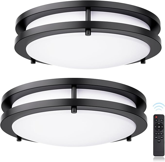 Flush Mount Ceiling Light with Remote: 2 Pack 16 Inch Lights fixture, 3000K-4500K-6000K Adjustable 3 Color Temperature, Dimmable Lighting Fixtures for Kitchen Bedroom Hardwired Installation (Black)