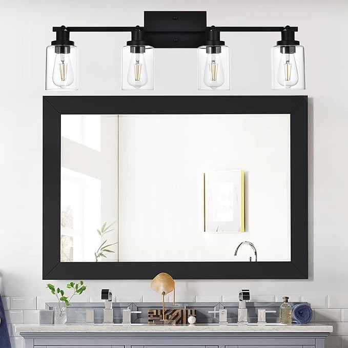 MELUCEE 4 Light Track Lighting Kit Bathroom Light Fixtures Matte Black Ceiling Spotlight Fixture for Hallway Foyer Bath Storage, Clear Glass Shade