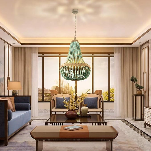 Newrays Wood Bead Chandelier Pendant Gray Blue Finishing Bohemian Boho Beachy Ceiling Lamp Light Fixtures (18.89 in*24.40 in)