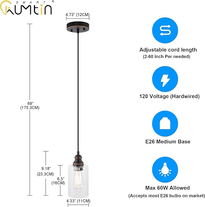 Pendant Light Fixture, Adjustable Hanging Ceiling Lights, Anti-Rust Metal Hanging Light Fixtures with Clear Glass, Modern Pendant Lighting for Kitchen Island Living Room, Bronze, 1-Pack
