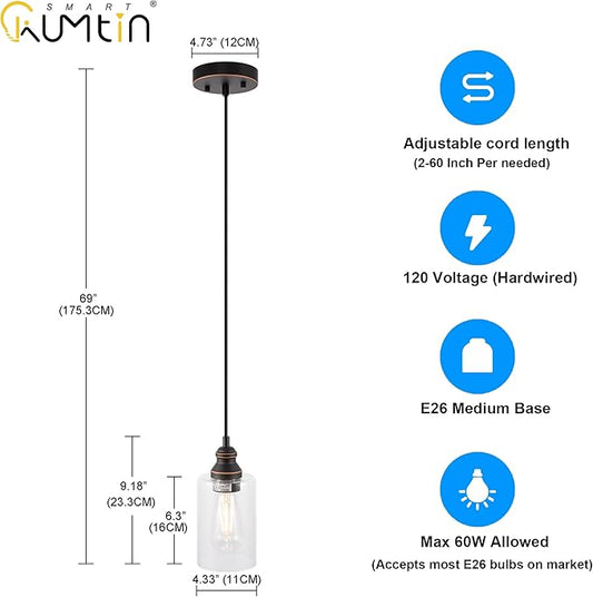 Pendant Light Fixture, Adjustable Hanging Ceiling Lights, Anti-Rust Metal Hanging Light Fixtures with Clear Glass, Modern Pendant Lighting for Kitchen Island Living Room, Bronze, 3-Pack
