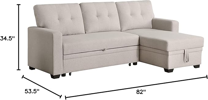 ACQCA 82" L-Shape Sleeper Sectional Sofa with Storage Chaise and Pull-Out Bed,Convertible Sofa Bed Sectional Couch for Living Room,Apartment,Office,Beige