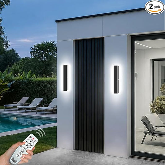 2 Pack Modern Outdoor Wall Lights for House, 2700-6500K Dimmable Outdoor Sconce Light, Long Strip Wall Sconce with Remote for Outdoor/Indoor Black Wall Lighting 24in