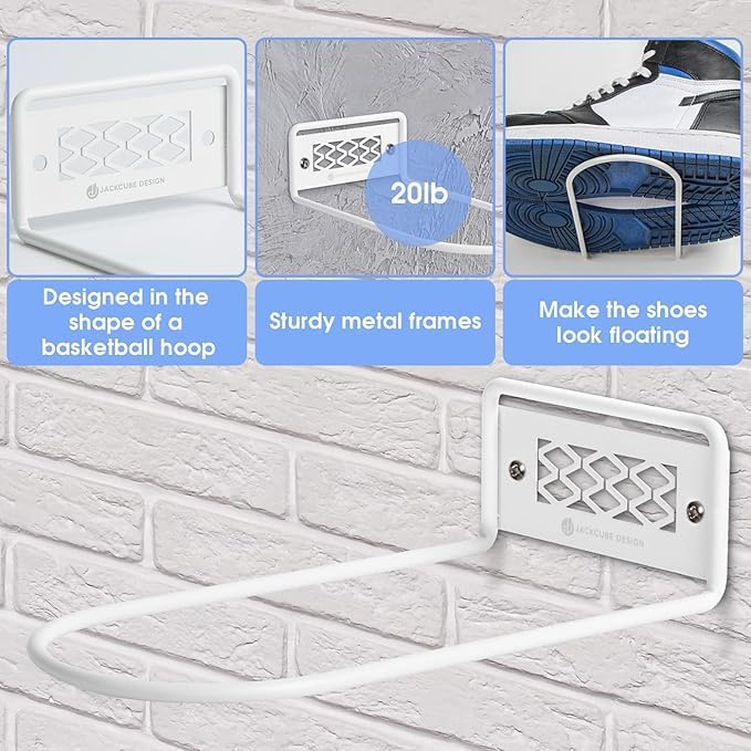 J JACKCUBE DESIGN White Metal Floating Shoe Display Shelves for Wall Mount, Set of 6 Sneaker Showcase Organizer Rack Display -MK1068B
