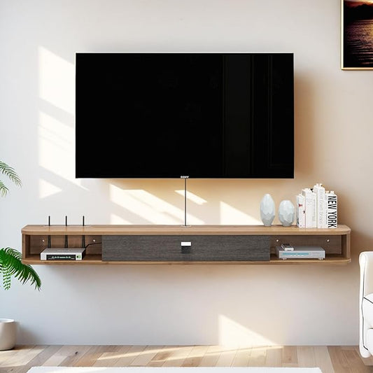Pmnianhua Floating TV Shelf, 94'' Wall Mounted TV Stand Floating TV Console Media Entertainment Under TV Shelf for Bedroom Living Room (Walnut)