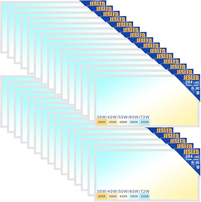 JESLED 30Pack 2x4 led Flat Panel Light, 10800LM, Drop Ceiling Lights Fixture for Office Shop Garage Basement Laundry, 30W/40W/50W/60W/72W Selectable, 5CCT Switchable, 0-10V Dimmable, DLC ETL Listed