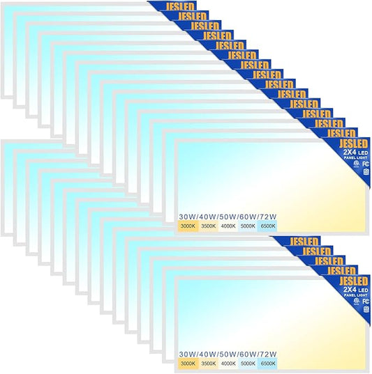 JESLED 30Pack 2x4 led Flat Panel Light, 10800LM, Drop Ceiling Lights Fixture for Office Shop Garage Basement Laundry, 30W/40W/50W/60W/72W Selectable, 5CCT Switchable, 0-10V Dimmable, DLC ETL Listed
