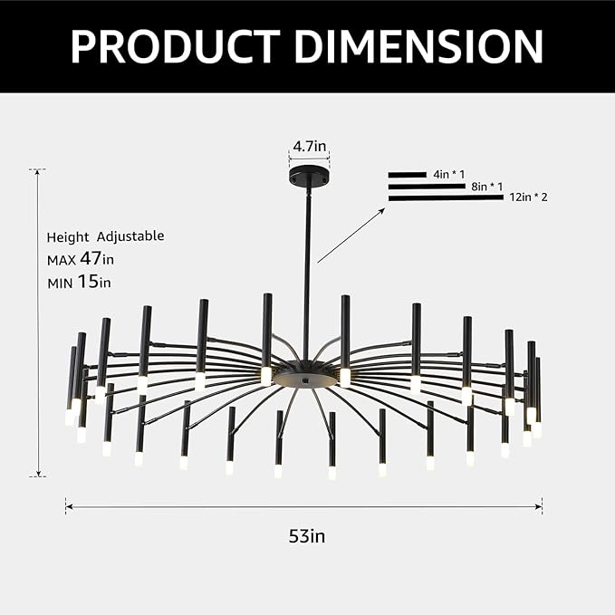 NILSE 24-Light Black LED Modern Chandelier, 53 Inch Extra Large Contemporary Chandeliers with G9 Bulbs, Mid Century Farmhouse Light Fixture for Living Room Foyer Dining Room Bedroom