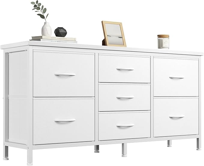 DUMOS TV Stand 7 Drawer Dresser for Bedroom with Storage TV Stands for Living Room White, Farmhouse Entertainment Center Media Console Table with Metal Frame Adjustable Feet