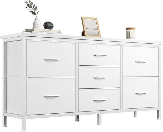 DUMOS TV Stand 7 Drawer Dresser for Bedroom with Storage TV Stands for Living Room White, Farmhouse Entertainment Center Media Console Table with Metal Frame Adjustable Feet