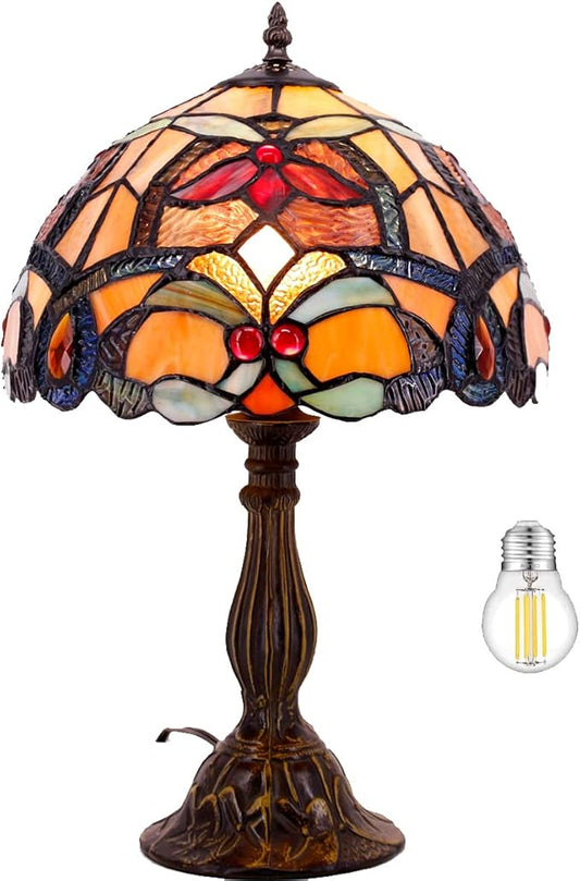 WERFACTORY Tiffany Table Lamp Orange Stained Glass Flower Liaison Style Reading Desk Bedside Light 12X12X18 Inches Decor Bedroom Living Room Home Office S617 Series