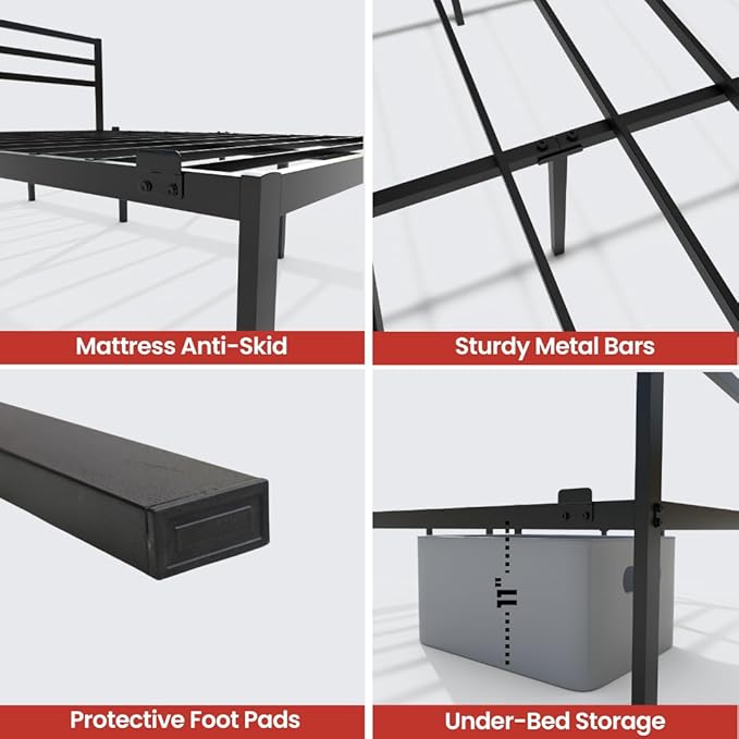 Golden Gate Beds Metal Platform Bed Frame with Headboard, Heavy Duty Steel Slats, No Box Spring Required, Noise-Free, Easy Assembly, Minimalist Design with Under-Bed Storage - Queen size, Black Finish