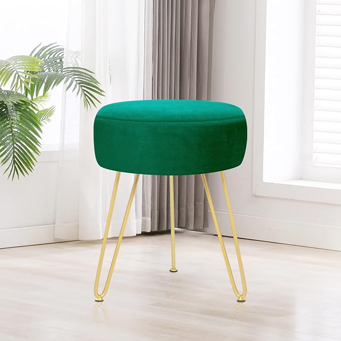 Velvet Soft Modern Vanity Footstool -Round Footrest Stool Ottoman Side Table Seat Dressing with Golden Metal Leg and Sponge Filling,Upholstered Foot Rest, for Living Room and Bedroom Teal