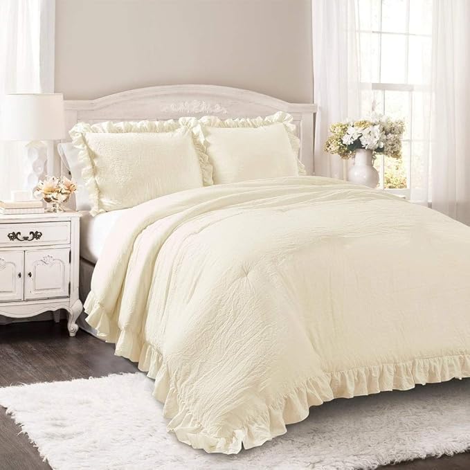 Lush Decor Reyna Ruffle Comforter Set - 3 Piece Cozy Ruffled Bedding Set - Timeless Elegance and Comfort for Bedroom - King, Ivory