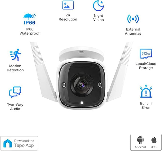 Tapo 2K Security Camera Outdoor Wired, IP66 Weatherproof, Motion/Person Detection, Built-in Siren w/Night Vision, Cloud/SD Card Storage, 2-Way Audio, Works w/Alexa & Google Assistant C310