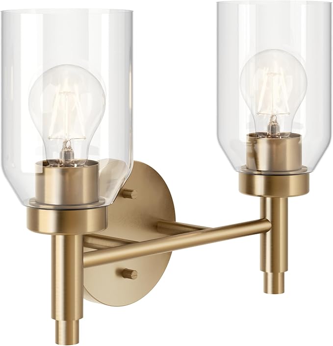 Kichler Madden 2-Light Vanity with Clear Glass in Champagne Bronze, Sloped Ceiling Compatible, for Single or Double Vanity in Bathroom (10.5" x 14.25"), 55184CPZ