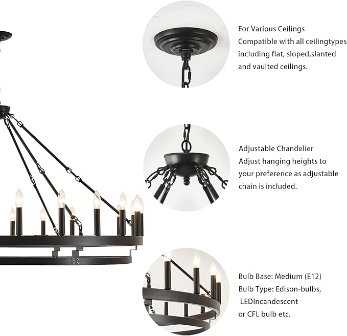 53 inch Large Black Wagon Wheel Chandelier,Farmhouse Industrial Country Style Round Pendant Light Fixture,Round Ceiling Light fixtures for Outdoor Porch high Ceilings Living Foyer Entryway