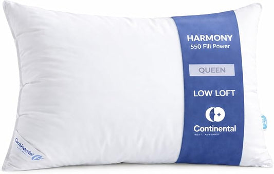 Continental Bedding Harmony White Goose Down Pillow 550 Fill Power Soft Loft 100% Cotton 300 Thread Count Shell Queen Size 1 Pack Made in USA