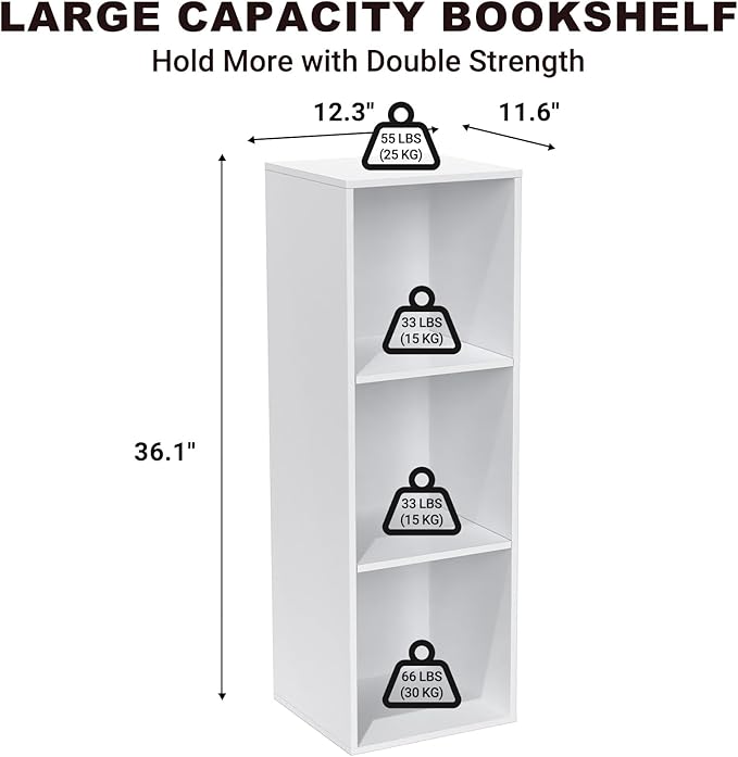 3 Tier Bookshelf, Narrow Bookcase for Small Spaces, Wooden Book Case Bookshelves Storage Organizer for Bedroom Living Room Home Office (White, 3 Cube)