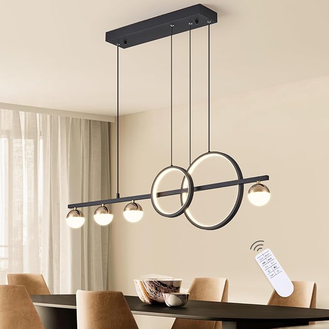Modern Black Gold Chandeliers for Dining Room, Dimmable LED Chandelier Linear Pendant Light for Kitchen Island, 39in Globe Haning Pendant Chandelier Lighitng with Remote (2 Rings, 3000lm)