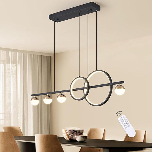 Modern Black Gold Chandeliers for Dining Room, Dimmable LED Chandelier Linear Pendant Light for Kitchen Island, 39in Globe Haning Pendant Chandelier Lighitng with Remote (2 Rings, 3000lm)